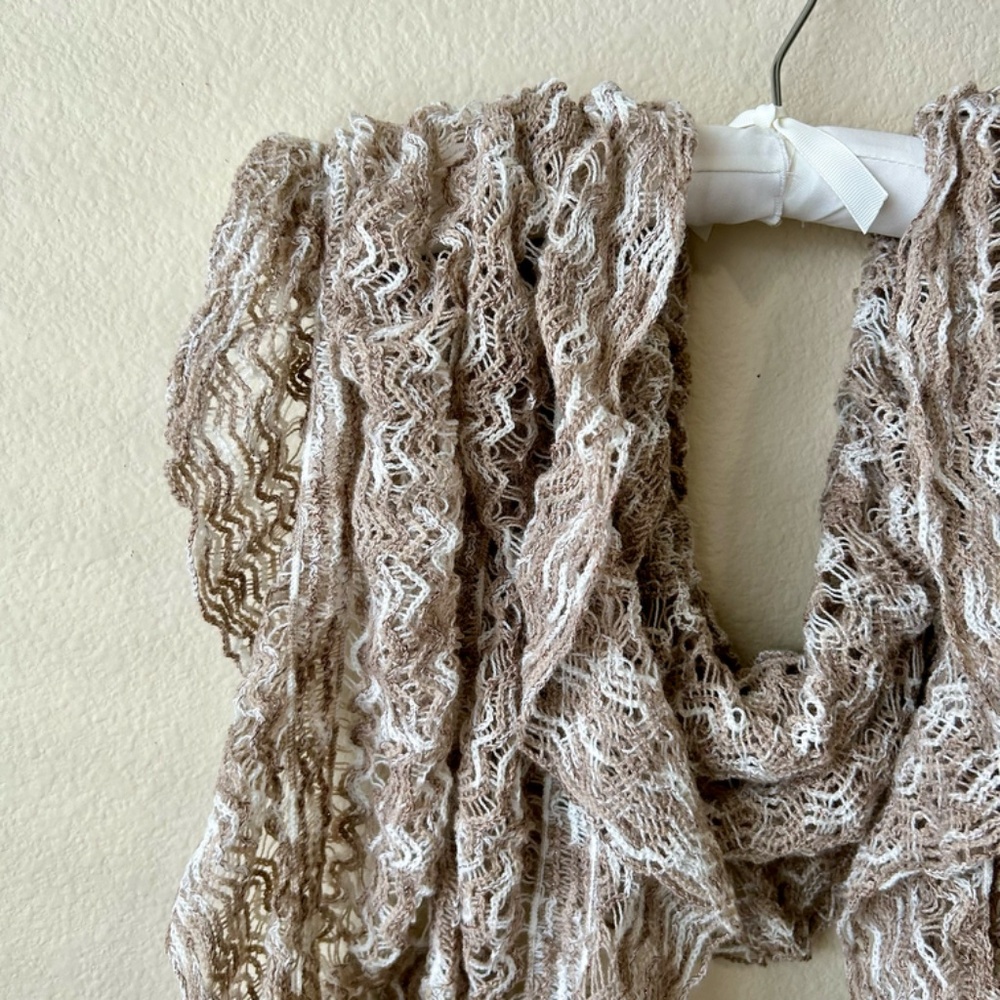 Cream and Tan Scarf Crochet Looseweave Fringe Soft 18" wide x 80" long - Picture 2 of 16